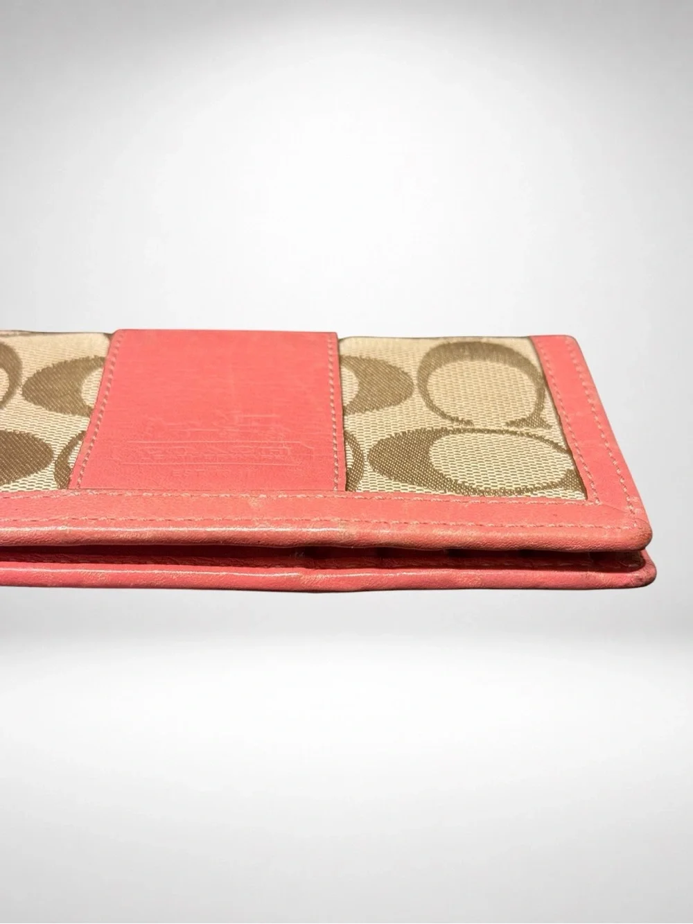 COACH Signature Card Case Wallet Khaki Coral Pink Leather Bifold Vintage Y2K